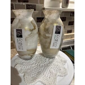 Lot of  TWO - Genuine Italian Art Glass Vase Franco Italy White Gold Color 8"